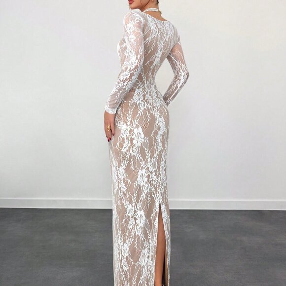 White Casual Women's Lace Long Sleeve Cupped Bustier Floor Length Bodycon Dress - Picture 4 of 5